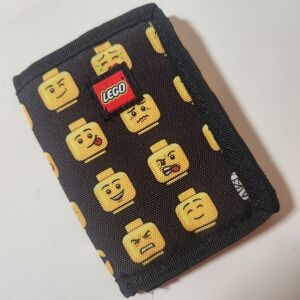 LEGO Minifigure Head Print Trifold Wallet Black Canvas Hook and Loop Closure